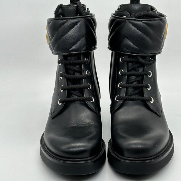 Gucci GG Logo Metalasse Leather Strap Combat Lace Up Ankle Bootie Boots - Picture 7 of 16